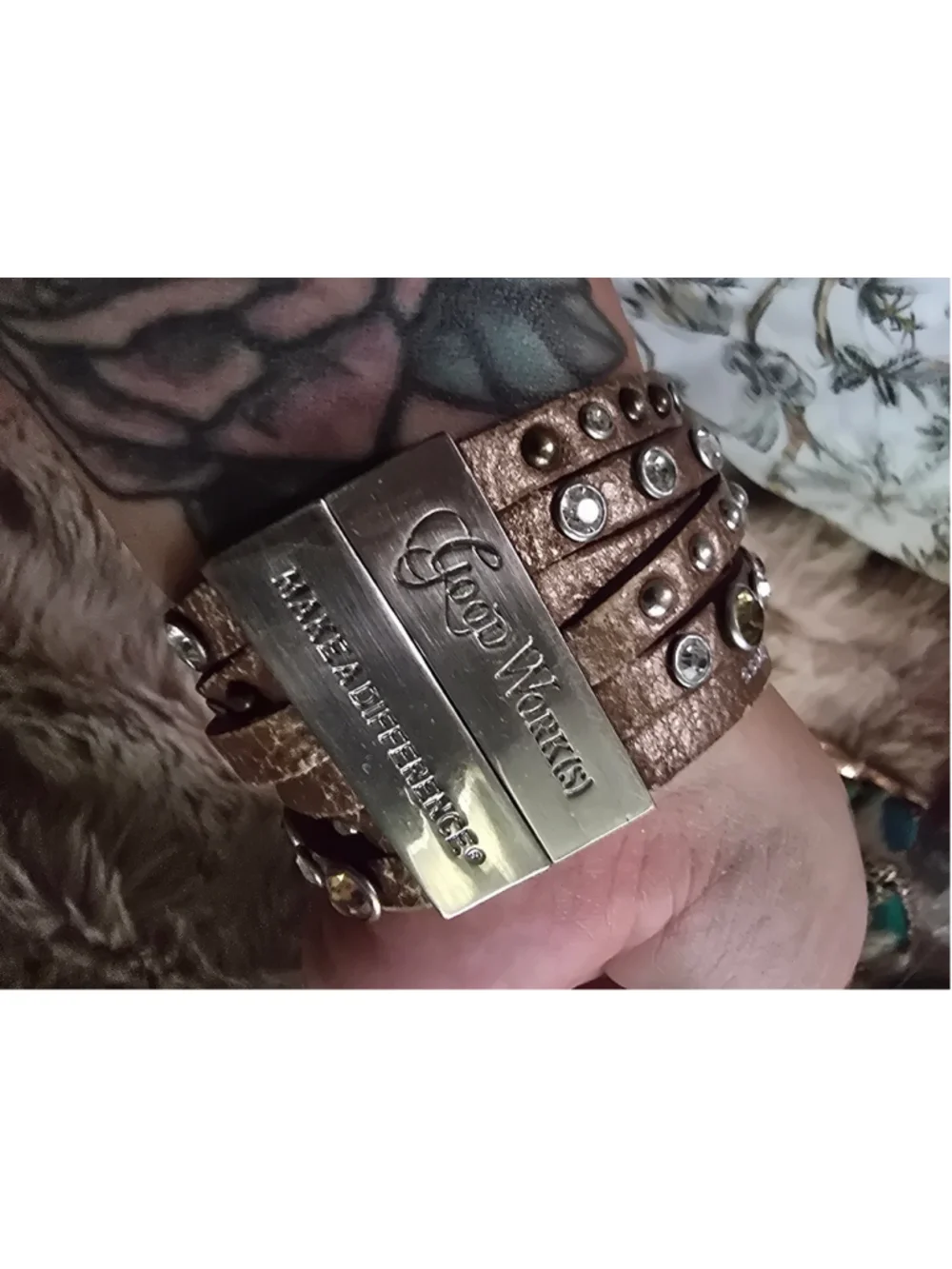 Vintage 2000's Good Works Leather Wrap Bracelet Brown Silver Rhinestone Boho